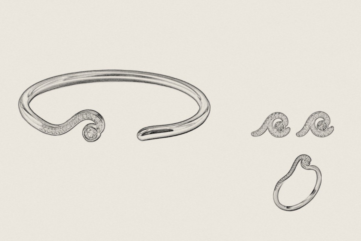 Pencil drawing of the Onda Cuff, Onda Studs and Onda Ring
